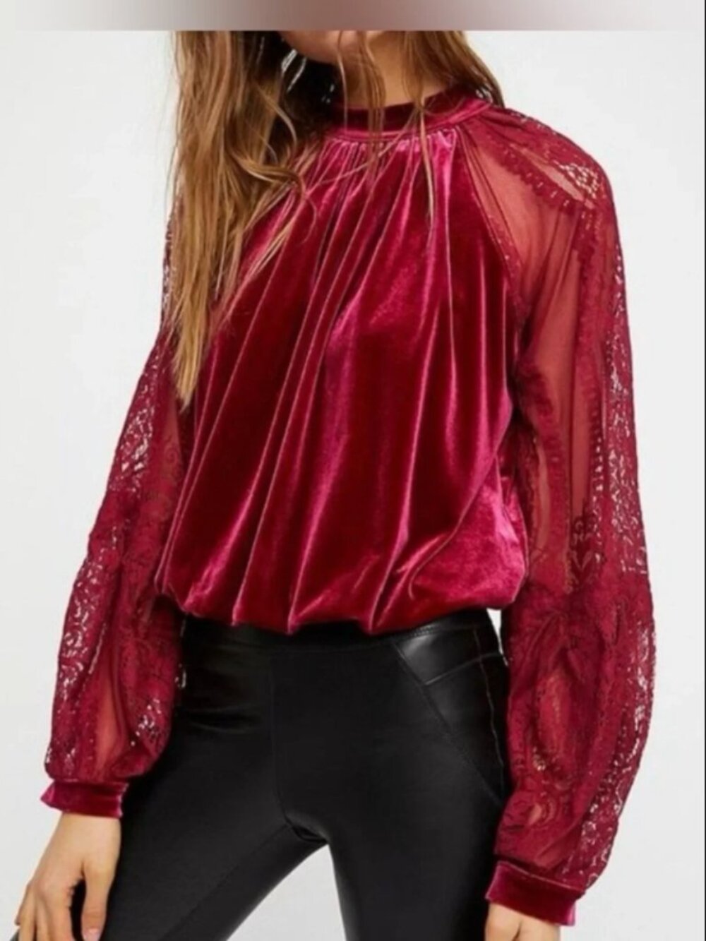FREE PEOPLE Dream Team Velvet Lace Sleeve Blouse in Raspberry